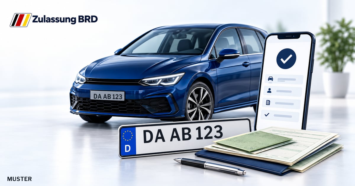 Online Fahrzeugzulassung in Pfungstadt: Musterkennzeichen DA AB 123, Auto und Fahrzeugpapiere und Smartphone. Illustration mit Logo von Zulassung BRD.